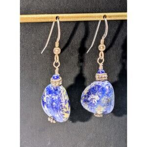 Vintage Denim Lapis Lazuli Stone 925 Sterling Silver Dangle Earrings